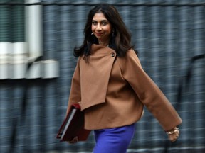 Britain's Home Secretary Suella Braverman arrives to 10 Downing Street in London to attend the weekly cabinet meeting on Oct. 31, 2023.