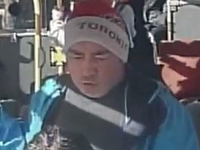 An image released by Toronto Police of a suspect in the alleged sexual assault of a girl on a TTC bus in Scarborough on Nov. 15, 2023. Celestino Liscio, 42, has since been charged.