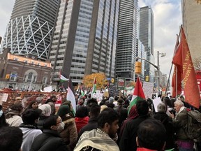 Palestinian supporters rallied outside the U.S. consulate in downtown Toronto on Saturday, Nov. 4, 2023.