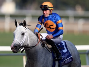 Irad Ortiz Jr. aboard White Abarrio celebrates after winning the Longines Breeders' Cup Classic race at Santa Anita Park on Nov. 4, 2023 in Arcadia, Calif.