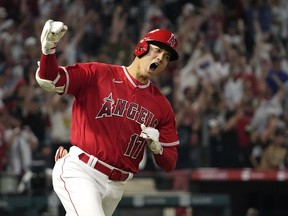 FILE - Los Angeles Angels' Shohei Ohtani celebrates as he rounds first after hitting a two-run home run during the seventh inning of a baseball game against the New York Yankees Monday, July 17, 2023, in Anaheim, Calif. Shohei Ohtani is a favorite to win his second AL Most Valuable Player award, Thursday, Nov. 16, 2023.