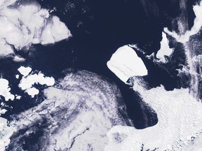 This images provided by Maxar Technologies shows the A23a iceberg moving through the sea sea near the Antarctica, on Wednesday Nov. 15, 2023. One of the world's largest icebergs, known as A23a, appears to be moving beyond Antarctic waters after being grounded for more than three decades, according to the British Antarctic Survey. (Satellite image ©2023 Maxar Technologies via AP)