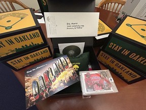 In this photo provided by Stephen Lucero, a box to be sent to Los Angeles Angels owner Arte Moreno from the mayor's office in an effort to sway next week's vote at the Major League Baseball owners meetings to keep the Oakland Athletics in Oakland, Calif., is displayed Tuesday Nov. 7, 2023.