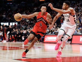Raptors' Scottie Barnes drives to the net against Giannis Antetokounmpo of the Milwaukee Bucks during their game at Scotiabank Arena on Nov. 1, 2023 in Toronto.