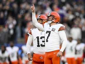 Cleveland Browns place-kicker Dustin Hopkins celebrates the game winning field goal against the Baltimore Ravens during the second half on an NFL football game Sunday, Nov. 12, 2023, in Baltimore.