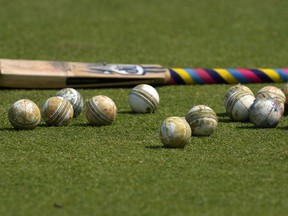 FILE -Cricket balls and a bat is seen on the ground before the start of ICC Men's Cricket World Cup match between New Zealand and South Africa in Pune, India, Wednesday, Nov.1, 2023. Transgender women will not be allowed to compete in international women's cricket. The International Cricket Council (ICC) said the "new gender eligibility regulation" had been imposed to protect the integrity of women's cricket and was also made on safety grounds.