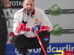 Canada skip Brad Gushue calls out during men's draw seven action against Australia at the Pan Continental Curling Championship in Kelowna, B.C. on Wednesday, Nov. 1, 2023.
