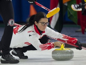 Team Canada skip Kerri Einarson makes a shot as they take on South Korea at the Pan Continental Curling Championship in Kelowna, B.C. in this Wednesday, Nov. 1, 2023 handout photo. Einarson and Canada's women's team finished round-robin play at the championships with a 17-1 win over Mexico on Thursday.
