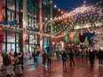 Distillery Winter Village at night with all the Christmas lights and decorations.