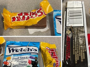 Photos provided by Durham Regional Police show foreign objects embedded in Halloween candy found by residents in Pickering and Oshawa.