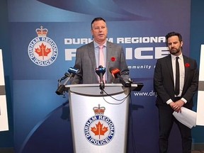 Durham Regional Police Homicide Det.-Sgt. Brad Corner held a press conference on Nov. 8, 2023, to provide an update on the deadly Oct. 9 shooting of security guard Michael Ferdinand, 34, at the Pickering Casino Resort.