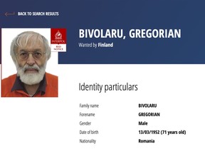 This photo shows the red notice of Romania's Gregorian Bipolar on Interpol website, Tuesday, Nov. 28, 2023.