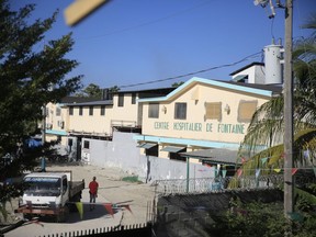 FILE - The entrance at the Fontaine Hospital Center in Cité Soleil area of the Port-au-Prince, Haiti, Monday, Jan. 23, 2023. A heavily armed gang burst into a hospital in Haiti on Wednesday, Nov. 15, and took hostage hundreds of women, children and newborns, according to the director of the medical center who pleaded for help via social media. Jose Ulysse, founder and director of the Fontaine Hospital Center confirmed the incident in a brief message exchange with The Associated Press.