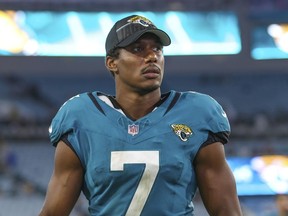 FILE - Jacksonville Jaguars wide receiver Zay Jones leaves the field after an NFL pre-season football game against the Miami Dolphins, Aug. 26, 2023, in Jacksonville, Fla. Jones was arrested on a misdemeanor domestic battery charge Monday, Nov. 13.