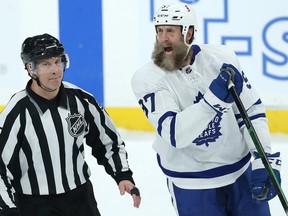 Forward Joe Thornton, shown during his time with the Maple Leafs, complains about an interference penalty against the Jets in Winnipeg on Thurs., April 22, 2021.