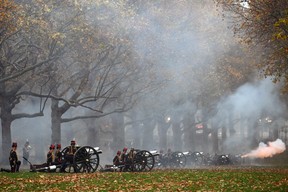 Members of The King's Troop Royal Horse Artillery carry out a 41 Gun Royal Salute to Mark the 75th Birthday of King Charles III at Green Park on Nov. 14, 2023 in London.