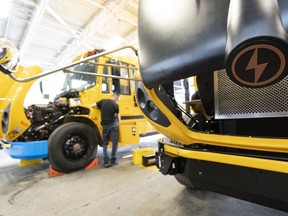 The Lion C electric school bus logo is seen as they are assembled at the Lion Electric Company assembly plant in Saint-Jerome, Que., Monday, Aug. 21 2023.