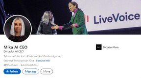 Mika was recently hired by Polish rum producer Dictador as the world's first AI robot CEO of a global company and she even has her own LinkedIn profile.
