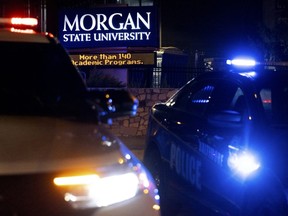 FILE - Police block off the entrance to Morgan State University as they respond to a shooting, Oct. 3, 2023, in Baltimore. A second suspect has been arrested in the shooting that left five people injured during homecoming celebrations at the historically Black college. Officials with the U.S. Marshals Service say 18-year-old Jovon Williams was arrested Friday, Nov. 17, and charged with attempted first-degree murder and other counts.