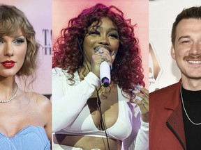 This combination of photos shows Taylor Swift at the world premiere of the concert film "Taylor Swift: The Eras Tour" in Los Angeles on Oct. 11, 2023, left, SZA performing at the Astroworld Music Festival in Houston on Nov. 5, 2021, center, and Morgan Wallen at the 57th Annual CMA Awards in Nashville, Tenn., on Nov. 8, 2023. (AP Photo)