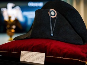A black bicorne hat with red, white and blue cockade worn by the French Emperor Napoleon I (1769-1821), from the Collection Jean Louis Noisiez, is displayed before an auction sale at Osenat auction house in Paris on Nov. 6, 2023.