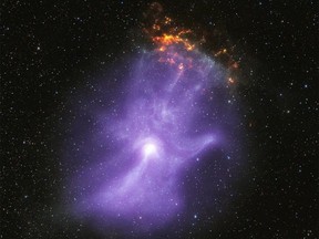 A composite image illustrating PSR B1509-58 and the surrounding pulsar wind nebula.