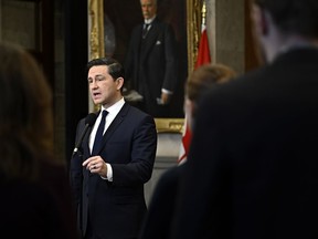 Conservative Leader Pierre Poilievre speaks at a news conference in the Foyer of the House of Commons on Parliament Hill in Ottawa, on Monday, Nov. 20, 2023.