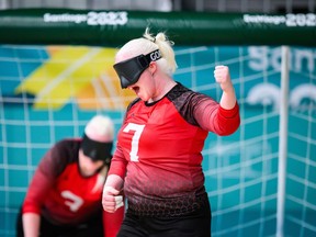 Canada's Amy Burk, celebrates during a women's goalball preliminary game against Peru at the 2023 Parapan American Games in Santiago, Chile in this Monday, Nov. 20, 2023 handout photo. Emma Reinke's hat trick helped Canada to a 4-2 victory over two-time defending champions Brazil in the women's goalball semifinals.