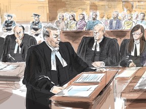Nathaniel Veltman (left to right) defence lawyer Peter Ketcheson, defence lawyer Christopher Hicks, crown attorney Fraser Ball, crown attorney Sarah Shaikh and members of the jury attend Veltman's trial in Windsor, Ont. on Tuesday, Nov.14, 2023 in a courtroom sketch. The Crown is set to continue its closing arguments today at the trial of a man accused of killing four members of a Muslim family in London, Ont., more than two years ago.