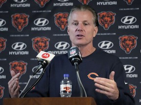 Chicago Bears head coach Matt Eberflus speaks during a news conference after an NFL football game against the Las Vegas Raiders, Sunday, Oct. 22, 2023 in Chicago.