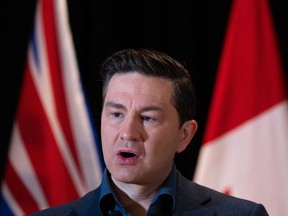 Conservative Leader Pierre Poilievre speaks during a news conference in Vancouver on Monday, Nov. 13, 2023. Poilievre says he has not yet taken a position on the Liberals legislation seeking to ban the use of replacement workers during strikes and lockouts in federally-regulated workplaces.