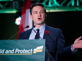 Conservative Party Leader Pierre Poilievre speaks during Saskatchewan Party Convention in Regina, on Saturday, Nov. 4, 2023.