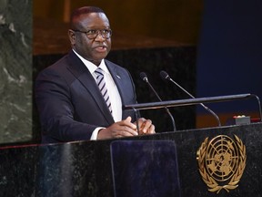 FILE - Julius Maada Bio, President of Sierra Leone, speaks at the start of the Transforming Education Summit at United Nations headquarters, Monday, Sept. 19, 2022. Sierra Leone's President has declared a nationwide curfew after gunmen attacked the West African country's main military barracks in the capital, raising fears of a breakdown of order amid a surge of coups in the region. Bio said Sunday, Nov. 26, 2023 in a statement on X, formerly known as Twitter, that the unidentified gunmen attacked an armory in the capital, Freetown, early morning.