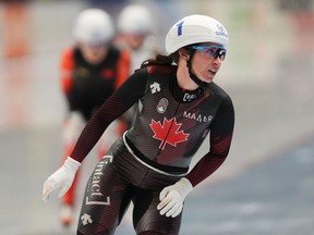 Canada's Ivanie Blondin celebrates at the end of the Mass Start Final Women event of the World Cup speedskating in Tomaszow Mazowiecki, Poland, Sunday, Feb. 19, 2023. Blondin won silver in Saturday's World Cup stop in Beijing, China