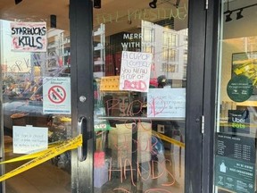 Vandals targetted a Starbucks in Forest Hill, near Bathurst St. and Eglinton Ave. W., with hateful graffiti seen here on Thursday, Nov. 16, 2023.
