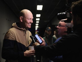 Mats Sundin speaks with reporters prior to the HHoF Legends Classic game at the Scotiabank Arena on Nov. 13, 2022 in Toronto.
