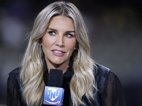 Amazon Prime Thursday Night Football commentator Charissa Thompson speaks before an NFL football game between the New Orleans Saints and the Jacksonville Jaguars, Oct. 19, 2023, in New Orleans.
