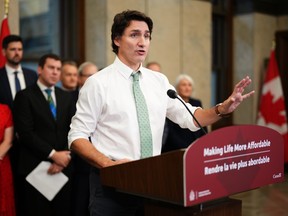 Prime Minister Justin Trudeau makes an announcement that the government will double the carbon price rebate for rural Canadians beginning next April during a news conference in Ottawa on Thursday Oct. 26, 2023.
