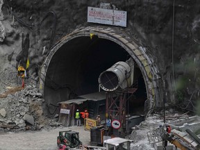 Rescue personnel work at the collapsed under construction Silkyara tunnel in the Uttarkashi district of India's Uttarakhand state, on Nov. 27, 2023.