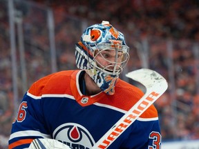 Goalie Jack Campbell (36) of the Edmonton Oilers, against the Las Vegas Golden Knights at Rogers Place in Edmonton on May 8, 2023