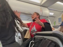 Screengrab of woman fighting with other passengers after trying to relieve herself in aisle mid-flight.
