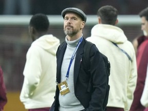 Manchester United head coach Erik ten Hag stands on the pitch prior to the Champions League group A soccer match against Galatasaray.