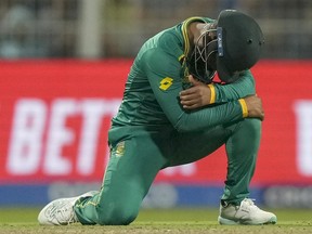 South Africa's captain Temba Bavuma reacts after a misfield during the ICC Men's Cricket World Cup.