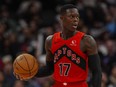 Dennis Schroder of the Toronto Raptors dribbles the ball against the Atlanta Hawks.