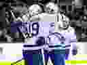 Toronto Maple Leafs' Calle Jarnkrok celebrates his first-period goal against the New York Rangers with John Tavares.