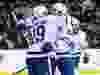 Toronto Maple Leafs' Calle Jarnkrok celebrates his first-period goal against the New York Rangers with John Tavares.