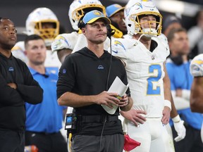 Head coach Brandon Staley of the Los Angeles Chargers looks on from the sideline against the Las Vegas Raiders.