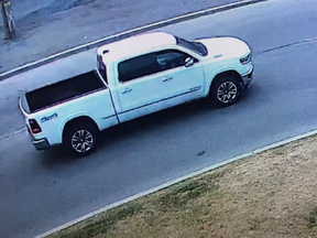 A photo of the Dodge F1500 white pickup truck the Montreal police believe was the getaway vehicle used in the murder of Francesco (Chit) Del Balso on June 5, 2023 in Dorval.