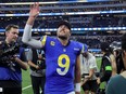 Matthew Stafford of the Los Angeles Rams reacts after the game against the Washington Commanders at SoFi Stadium.