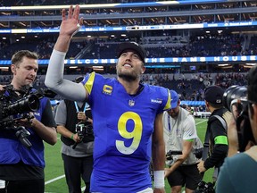Matthew Stafford of the Los Angeles Rams reacts after the game against the Washington Commanders at SoFi Stadium.